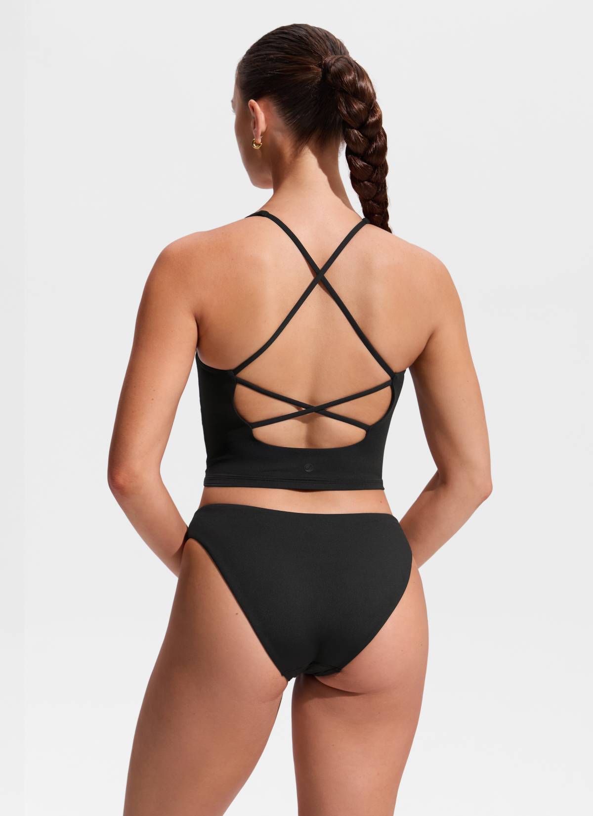 CRZ YOGA Women's Swimwear V Neck Criss Cross Back Crop Tankini Black @model_info:Hannah