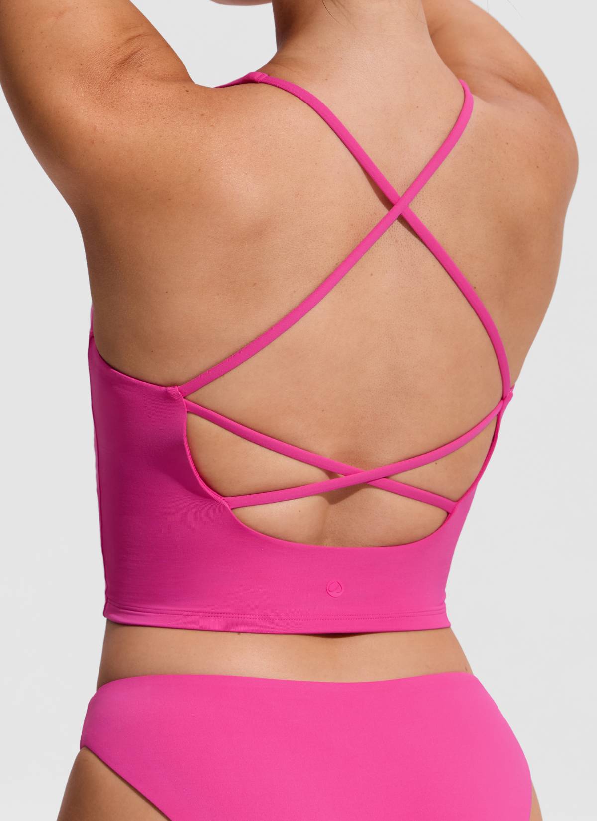 CRZ YOGA Women's Swimwear V Neck Criss Cross Back Crop Tankini Rose Violet @model_info:Hannah