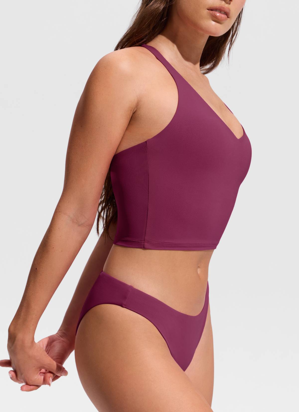 CRZ YOGA Women's Swimwear V Neck Criss Cross Back Crop Tankini Fuchsia @model_info:Hannah