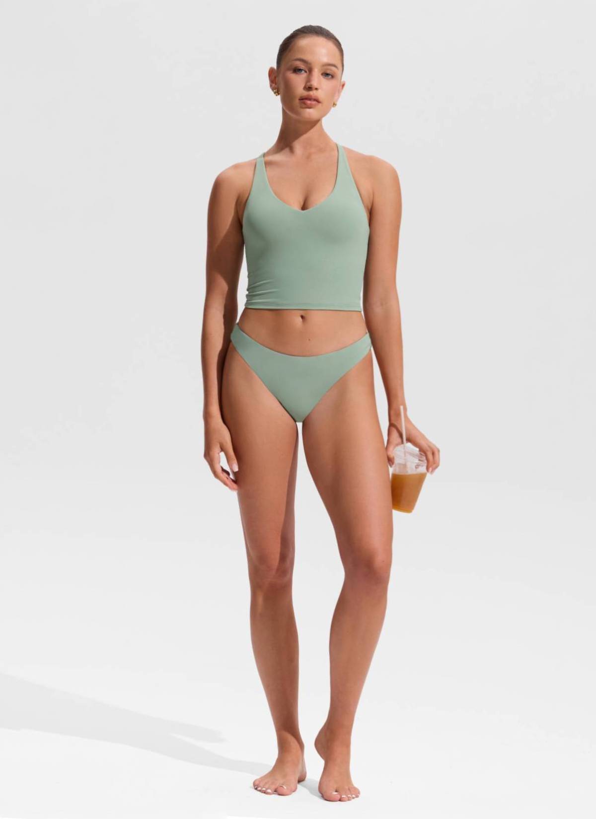 CRZ YOGA Women's Swimwear V Neck Criss Cross Back Crop Tankini Green Palm Court @model_info:Hannah