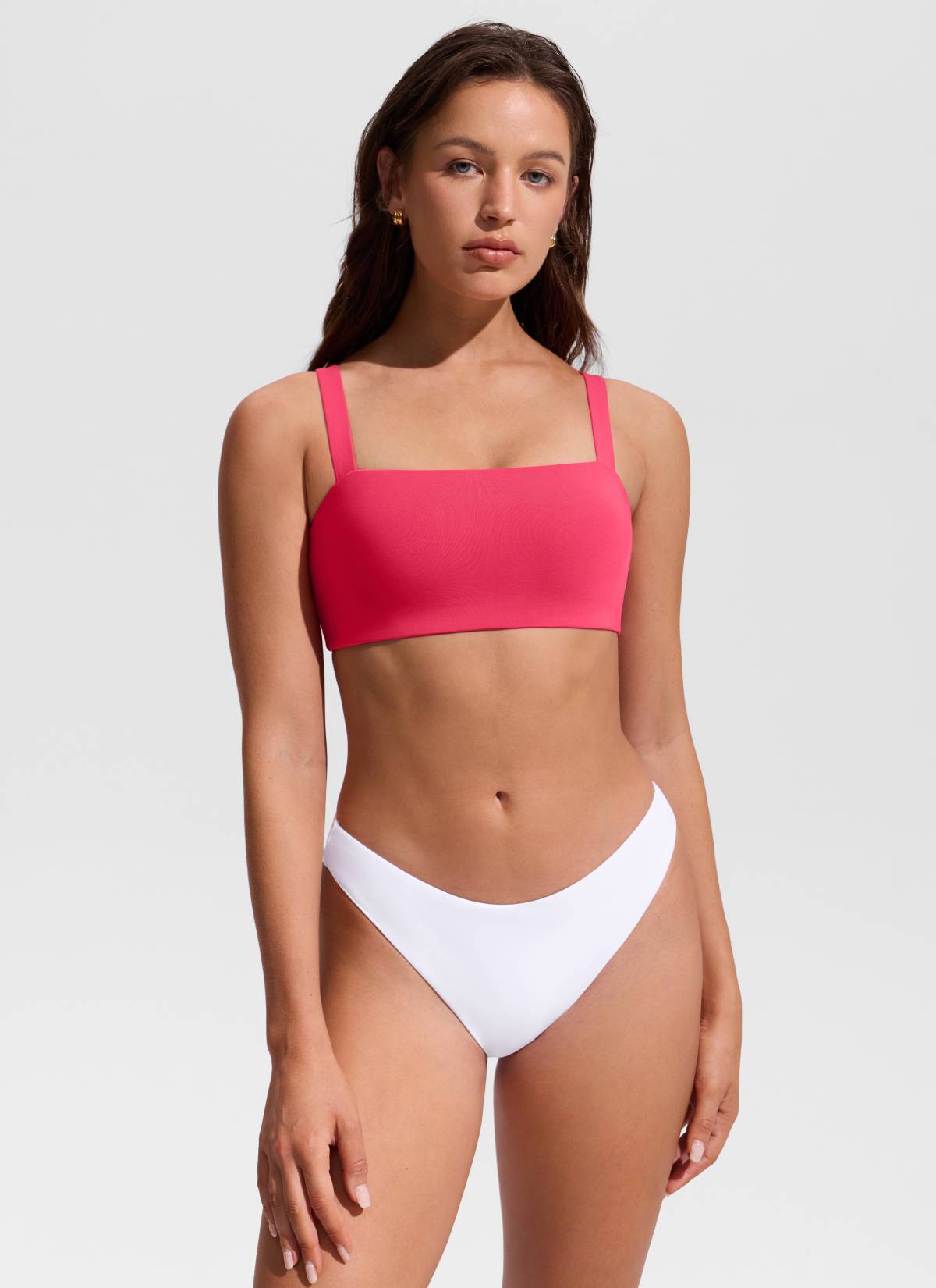 CRZ YOGA Women's Swimwear Square Neck Wide Flat Straps Bikini Tops Magenta @model_info:Hannah