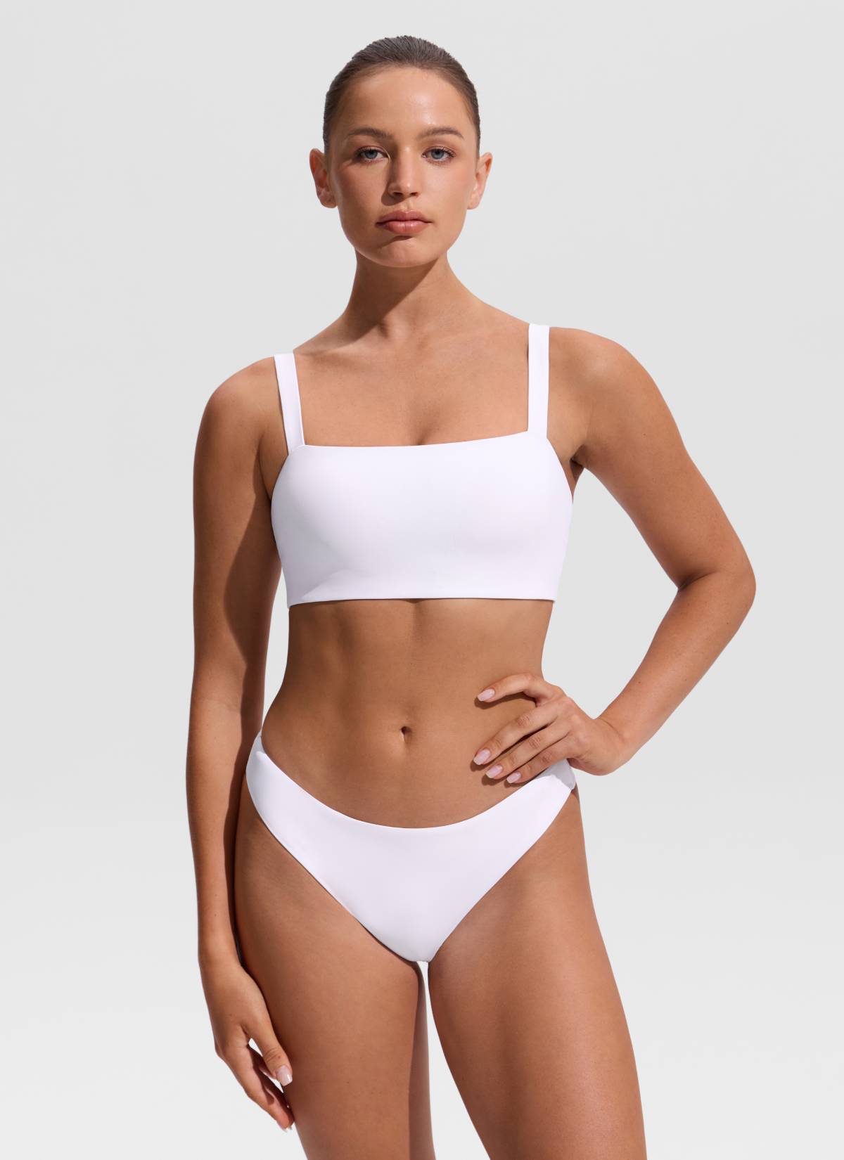 CRZ YOGA Women's Swimwear Square Neck Wide Flat Straps Bikini Tops White @model_info:Hannah