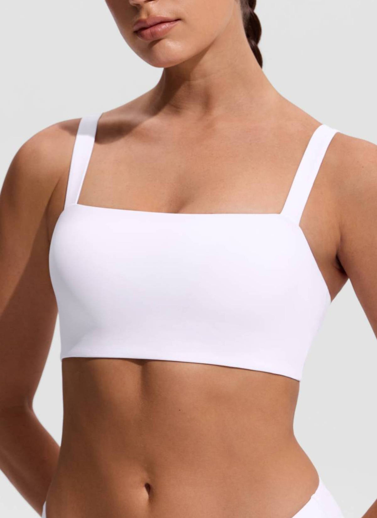 CRZ YOGA Women's Swimwear Square Neck Wide Flat Straps Bikini Tops White @model_info:Hannah
