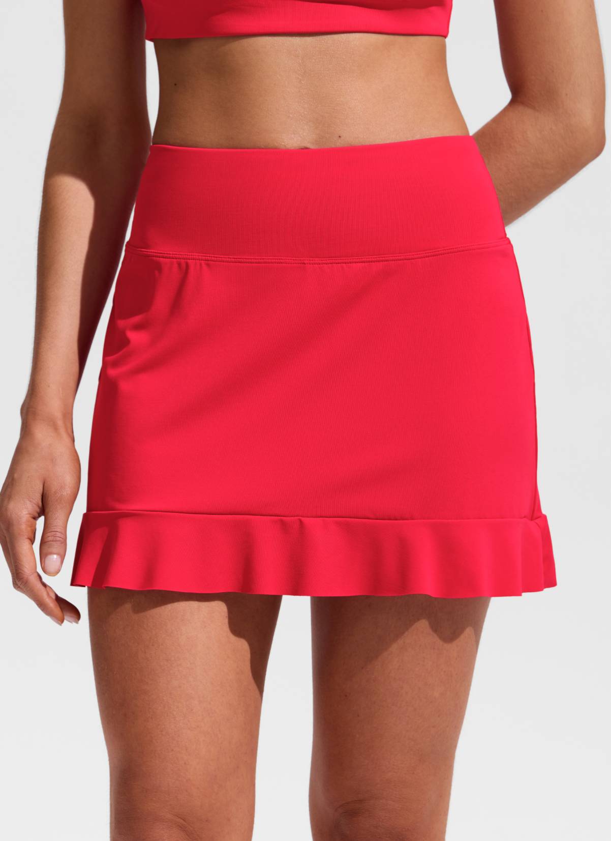 CRZ YOGA Women's Swimwear High Rise Built-in Brief Ruffle Swim Skirts Deep Red