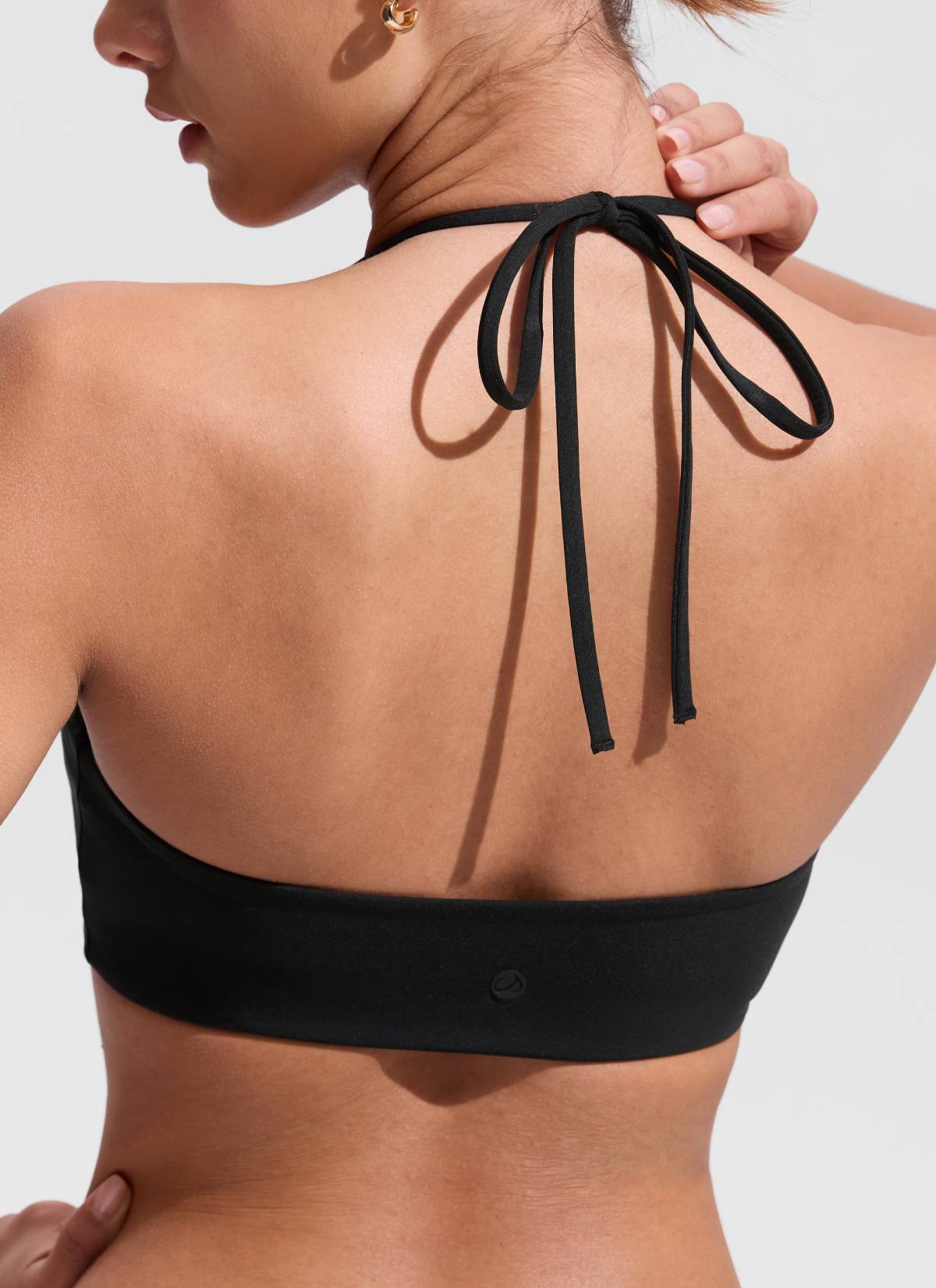 CRZ YOGA Women's Swimwear U Neck Open Back Self Tie Halter Bikini Tops Black @model_info:Maria