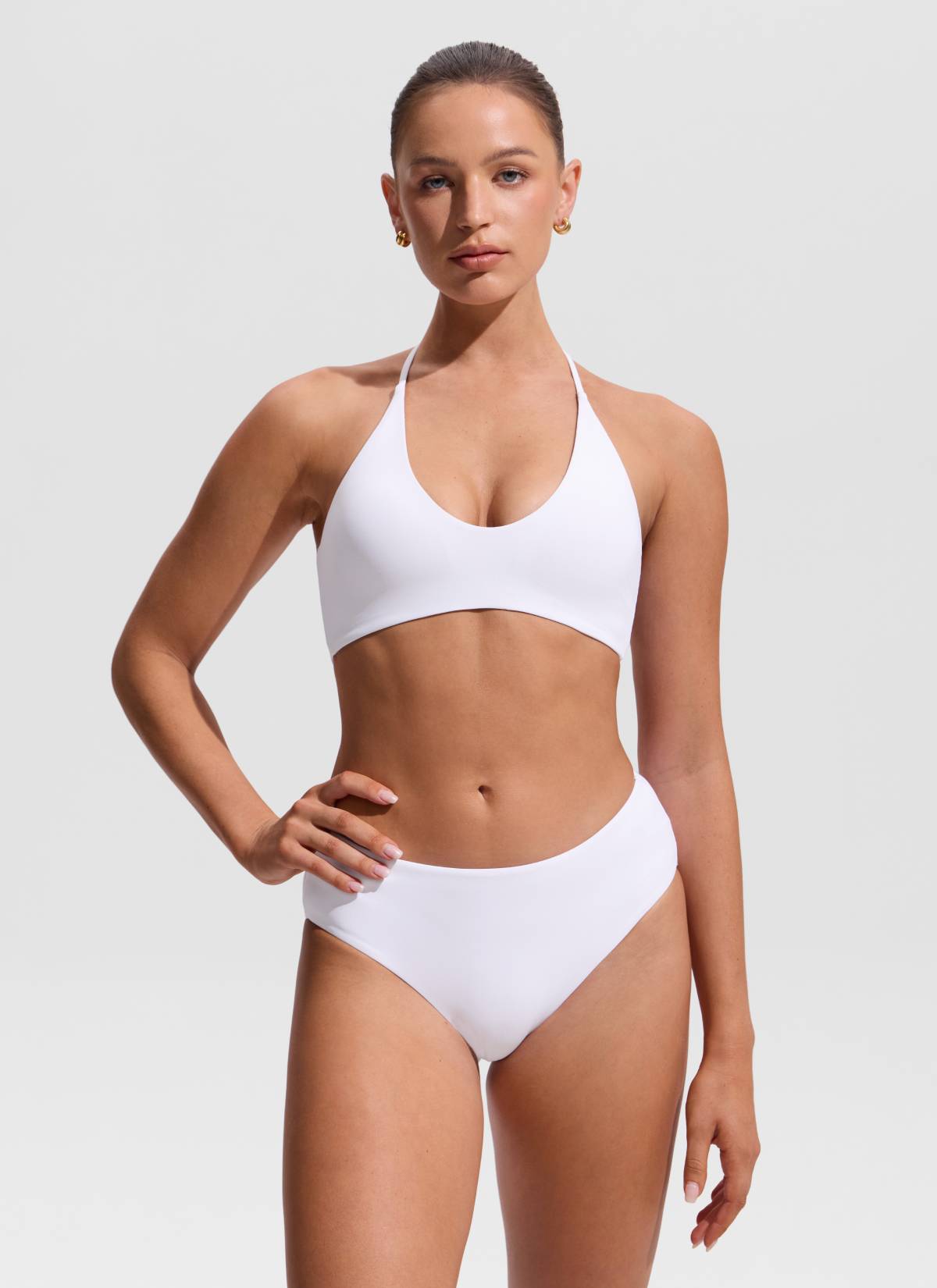 CRZ YOGA Women's Swimwear U Neck Open Back Self Tie Halter Bikini Tops White @model_info:Hannah