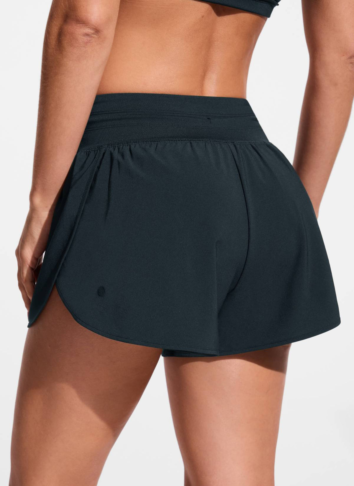 CRZ YOGA Women's Swimwear Feathery-Fit Split Dolphin Swim Shorts 2.5'' True Navy @model_info:Aline