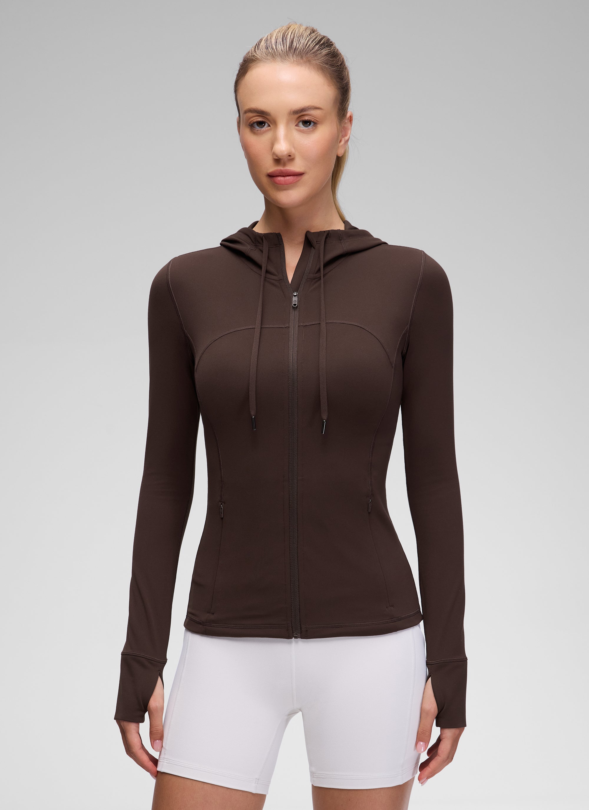 CRZ YOGA Women's Butterluxe Slim Fit Pocket Outerwear Full Zip Hoodies Hot Fudge Brown