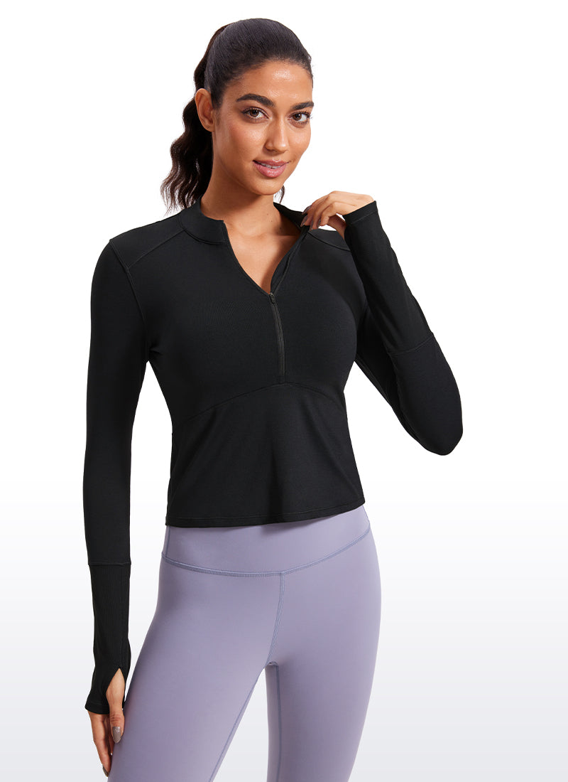 CRZ YOGA Women's Run Slim Fit Brushed Half-Zip Long Sleeve Cropped Black