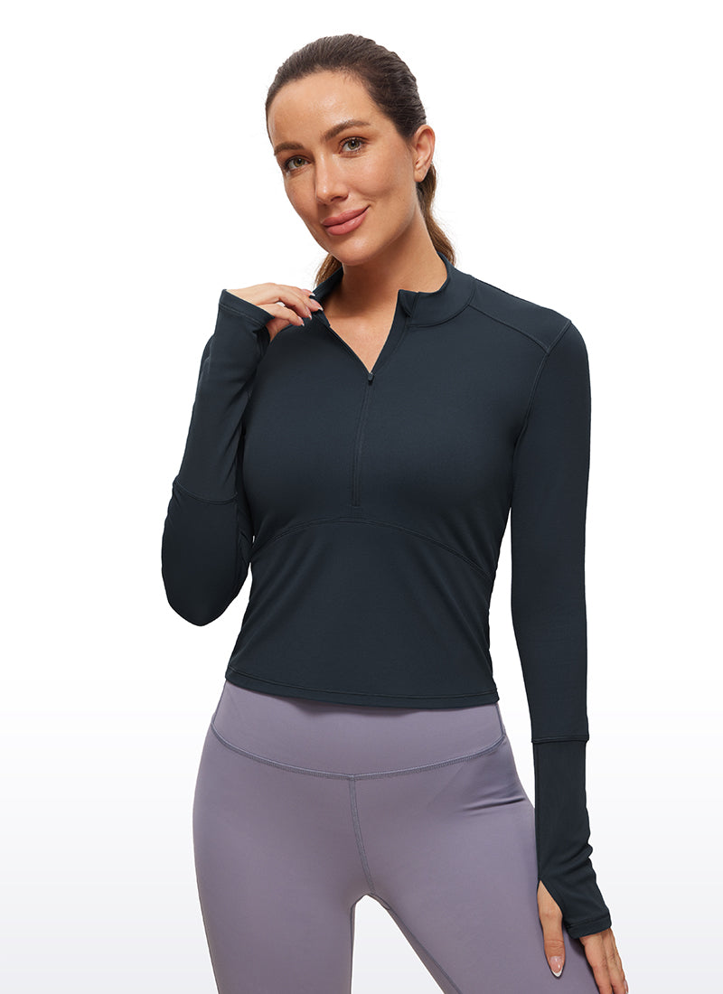 CRZ YOGA Women's Run Slim Fit Brushed Half-Zip Long Sleeve Cropped True Navy