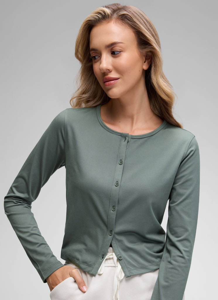 CRZ YOGA Women's Cloud Jersey Casual Button Down Waist Length Cardigan Grey Sage