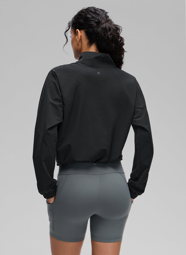 CRZ YOGA Women's Casual Half-Zip Waist Length Pocket Long Sleeves Black