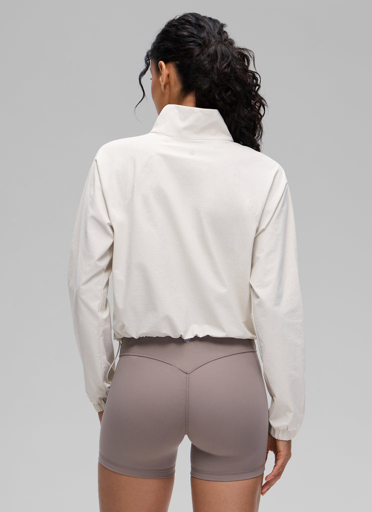 CRZ YOGA Women's Casual Half-Zip Waist Length Pocket Long Sleeves Milky White