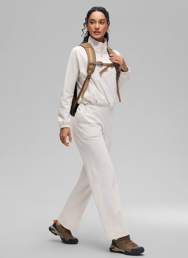 CRZ YOGA Women's Casual Half-Zip Waist Length Pocket Long Sleeves Milky White