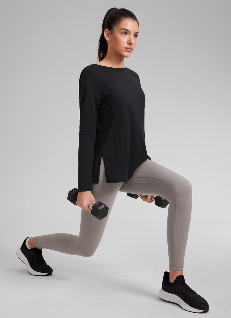 CRZ YOGA Women's Workout Boat Neck Hip Length Relaxed Fit Long Sleeves Black