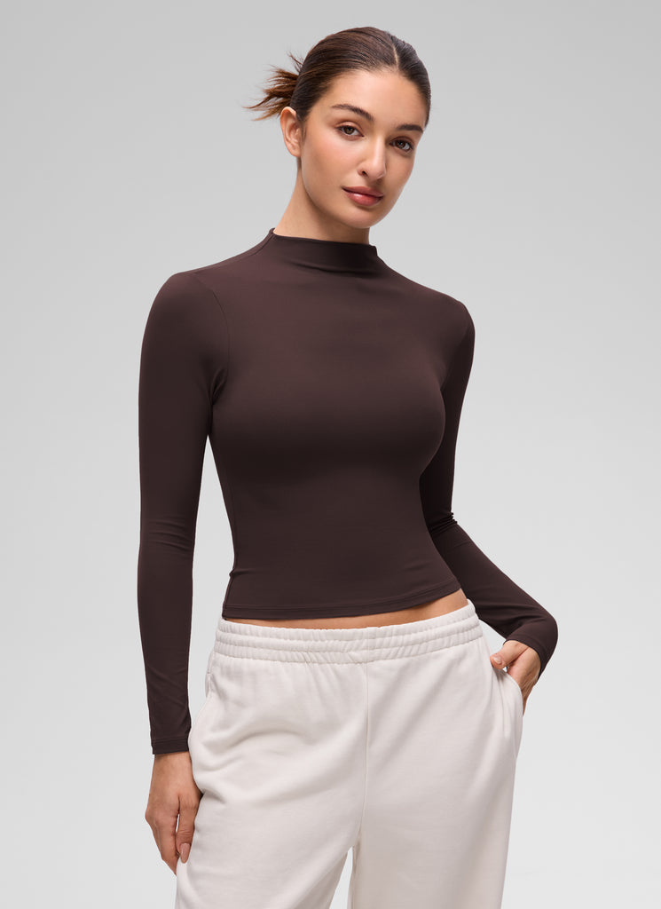 CRZ YOGA Women's Softembrace Mock Neck Waist Length Long Sleeves Hot Fudge Brown