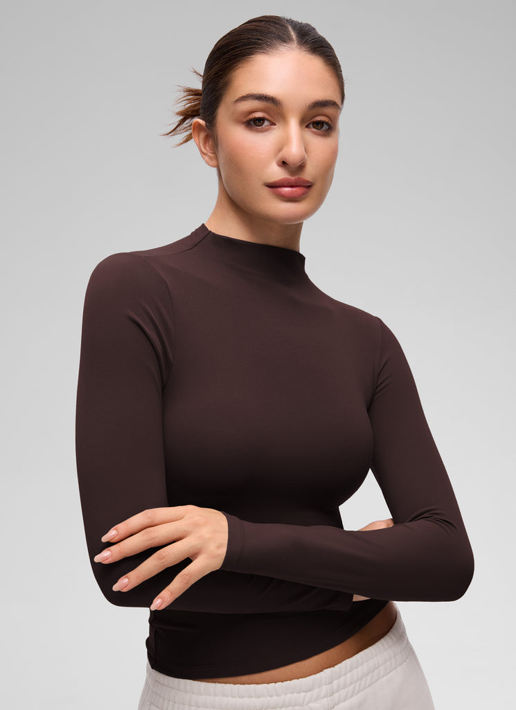 CRZ YOGA Women's Softembrace Mock Neck Waist Length Long Sleeves Hot Fudge Brown