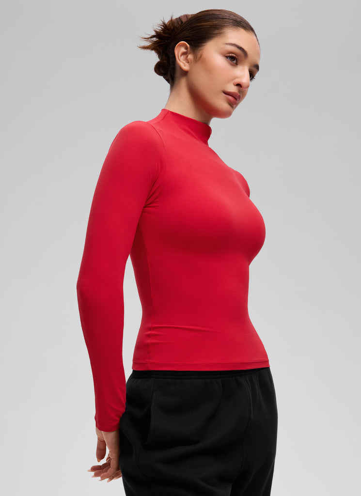 CRZ YOGA Women's Softembrace Mock Neck Waist Length Long Sleeves Aurora Red