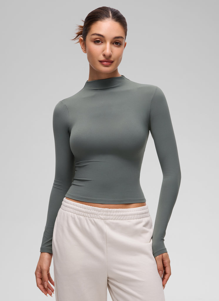 CRZ YOGA Women's Softembrace Mock Neck Waist Length Long Sleeves Grey Sage