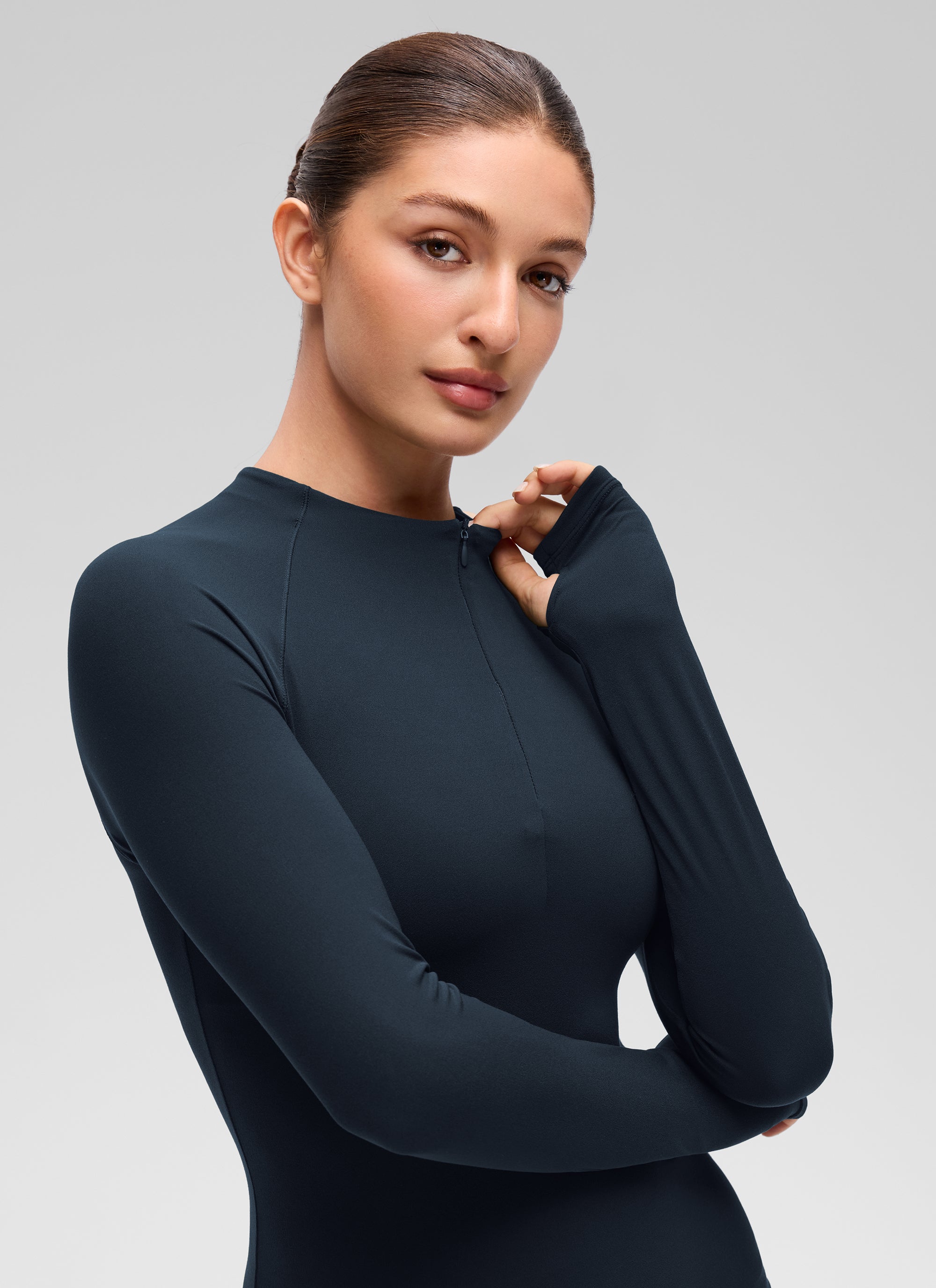 CRZ YOGA Women's Softembrace Casual Half-Zip Waist Length Long Sleeve True Navy