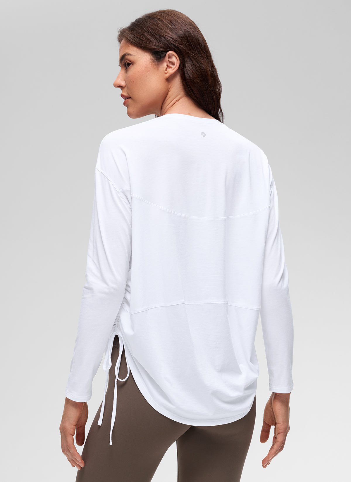 CRZ YOGA Women's Pima Cotton Casual Scoop Neck Ruched Long Sleeve White