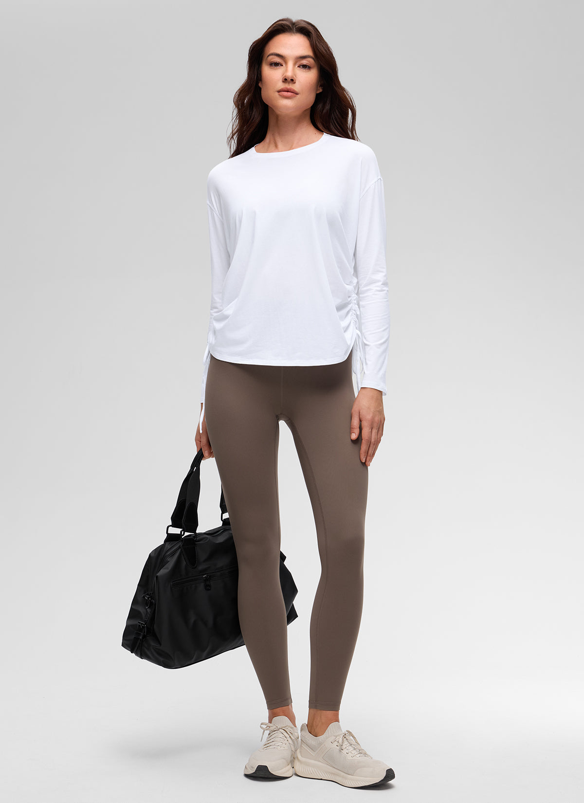 CRZ YOGA Women's Pima Cotton Casual Scoop Neck Ruched Long Sleeve White