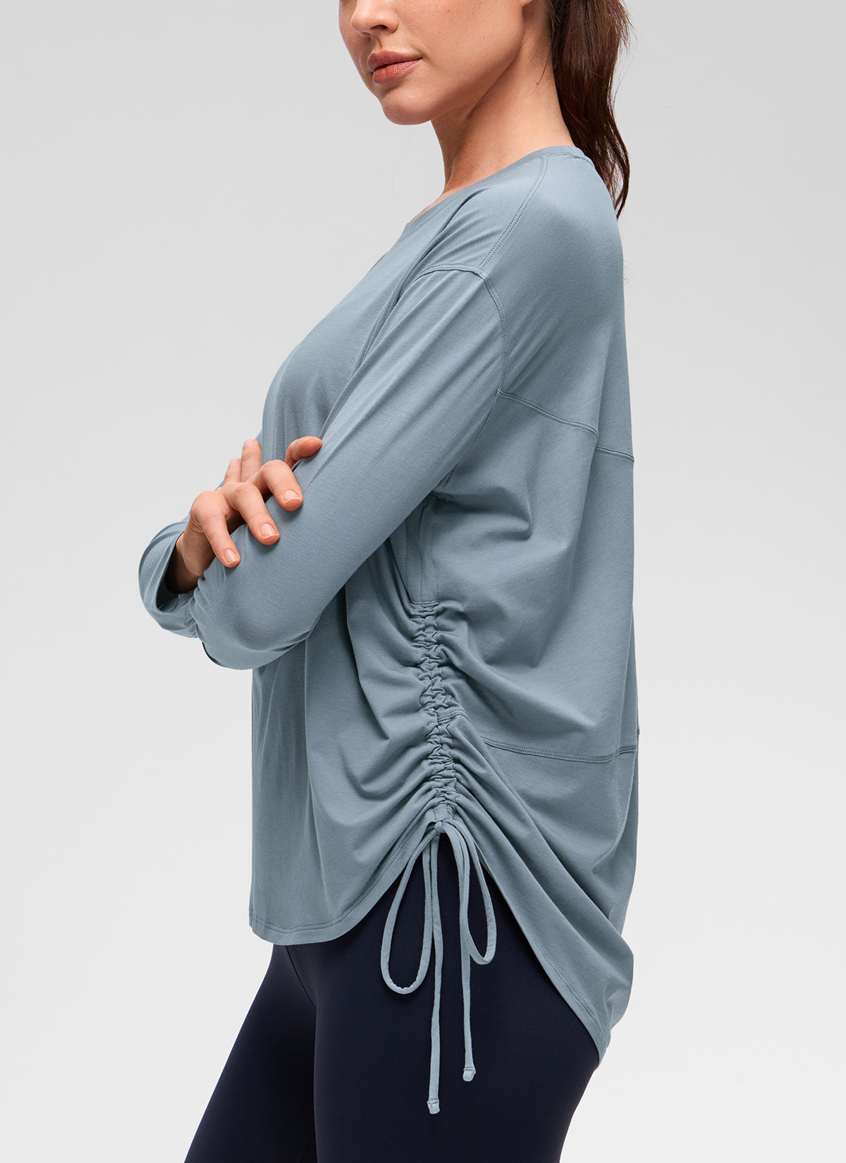CRZ YOGA Women's Pima Cotton Casual Scoop Neck Ruched Long Sleeve Belgian Blue