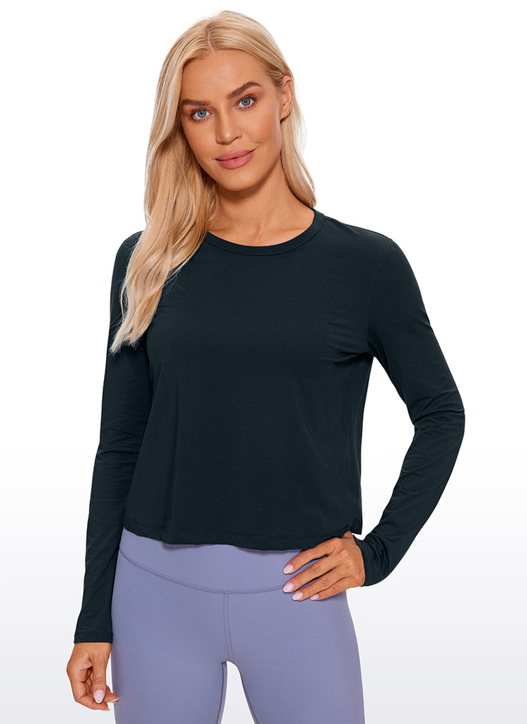 CRZ YOGA Women's Yoga Loose Fit Tops Pima Cotton Cropped Long Sleeve Black