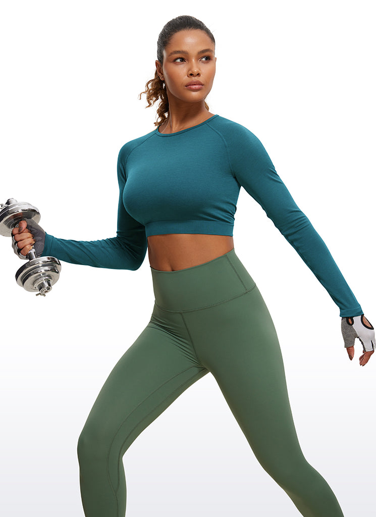CRZ YOGA Women's Slim Fit Running Yoga Seamless Crop Long Sleeves Grey Sage