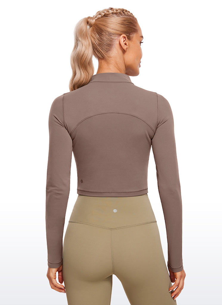 CRZ YOGA Women's Slim Fit Butterluxe Yoga Crop Long Sleeves Mock Turtleneck Brown Purple