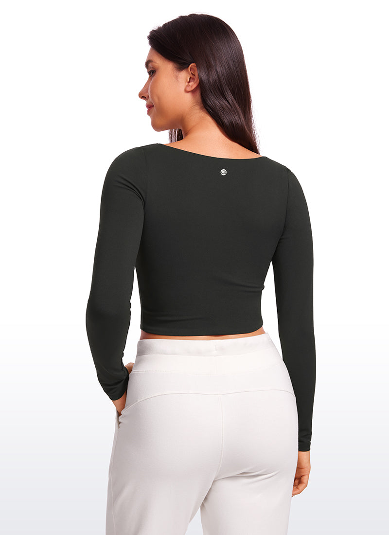 CRZ YOGA Women's Tight Fit Butterluxe Yoga Crop Long Sleeves Square Neck Black