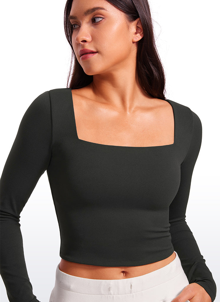 CRZ YOGA Women's Tight Fit Butterluxe Yoga Crop Long Sleeves Square Neck Deep Red