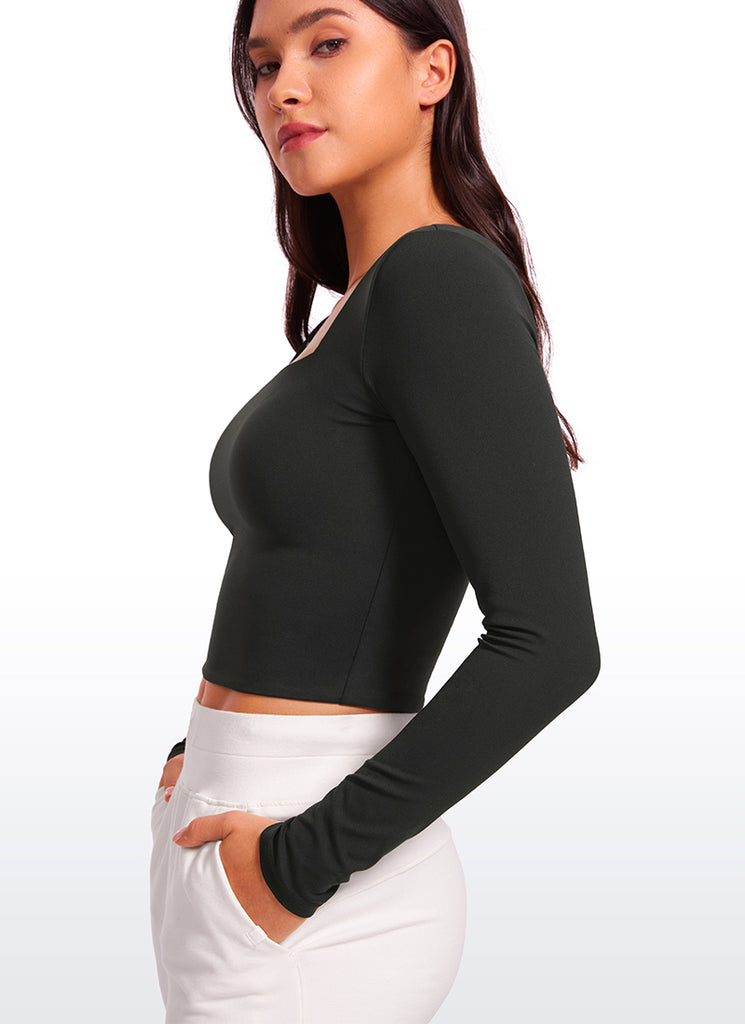 CRZ YOGA Women's Tight Fit Butterluxe Yoga Crop Long Sleeves Square Neck Deep Red