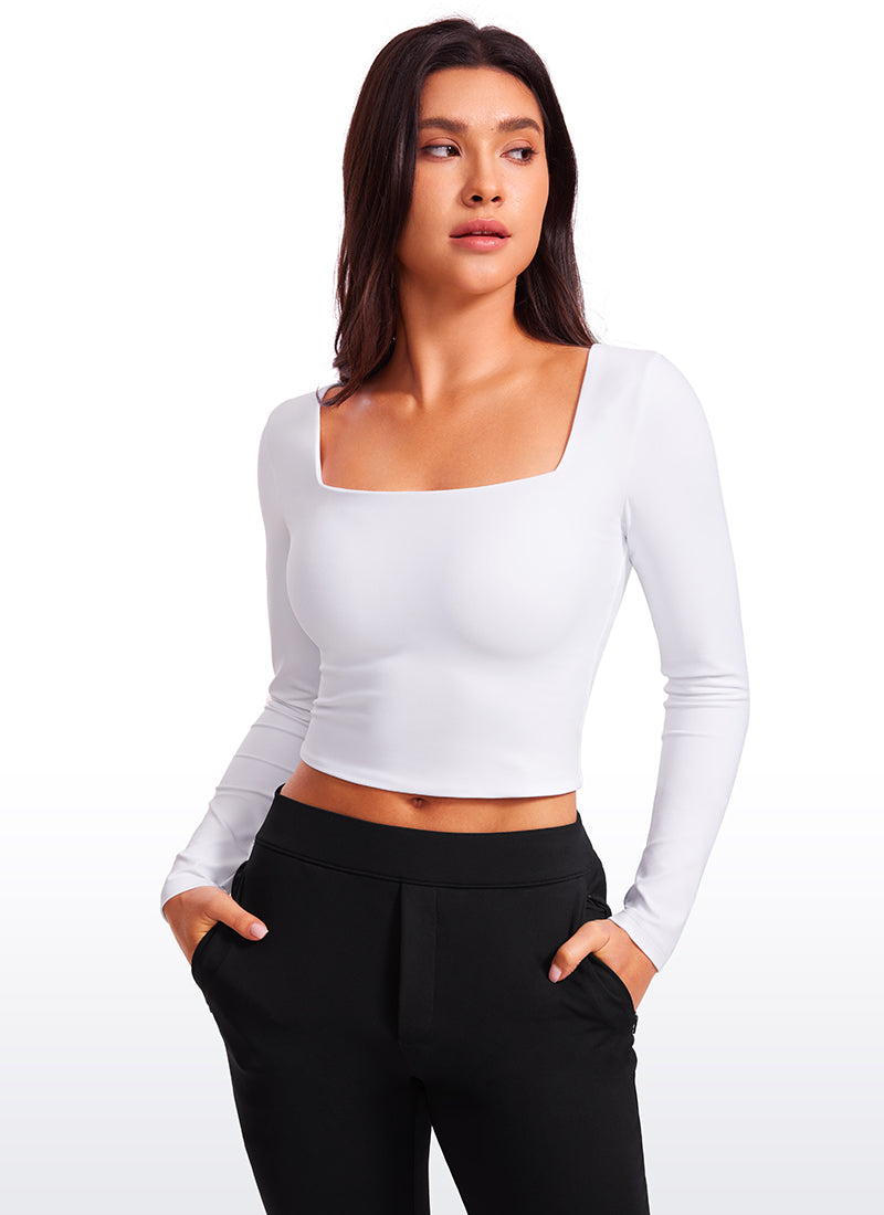 CRZ YOGA Women's Tight Fit Butterluxe Yoga Crop Long Sleeves Square Neck White