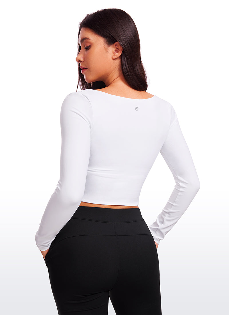 CRZ YOGA Women's Tight Fit Butterluxe Yoga Crop Long Sleeves Square Neck White