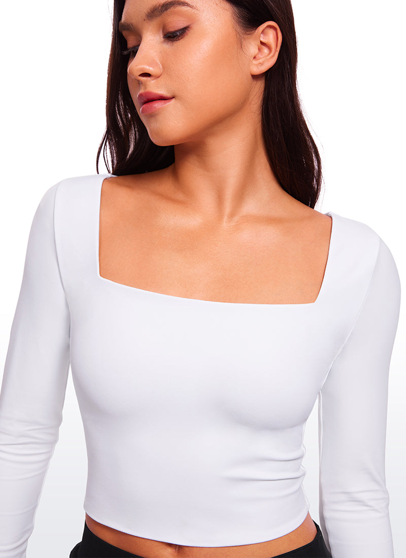 CRZ YOGA Women's Tight Fit Butterluxe Yoga Crop Long Sleeves Square Neck White