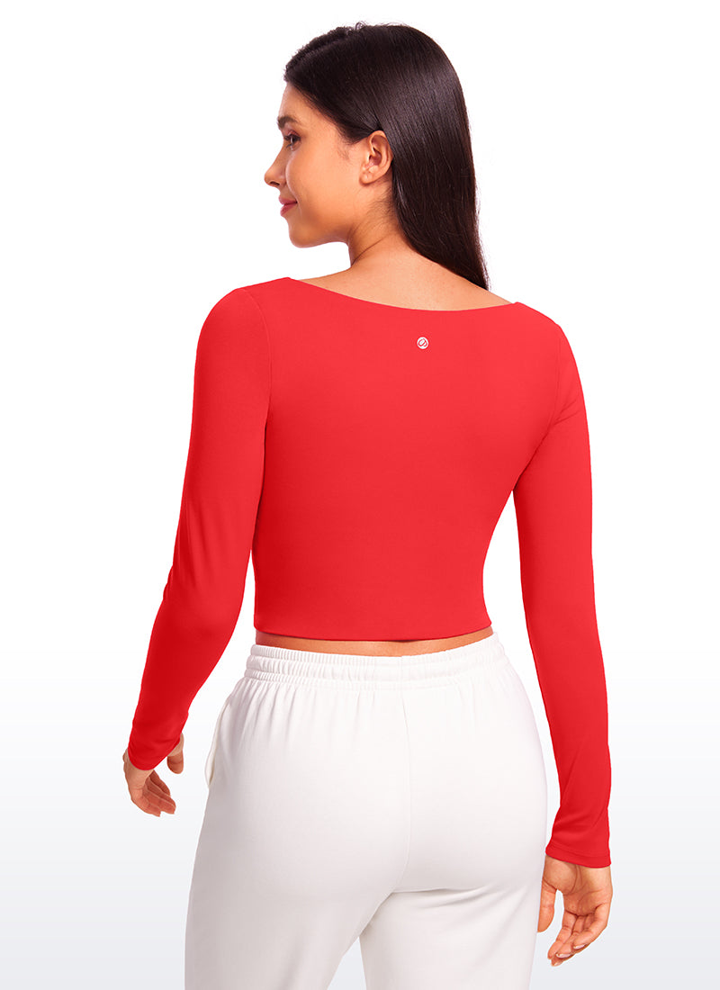 CRZ YOGA Women's Tight Fit Butterluxe Yoga Crop Long Sleeves Square Neck Deep Red