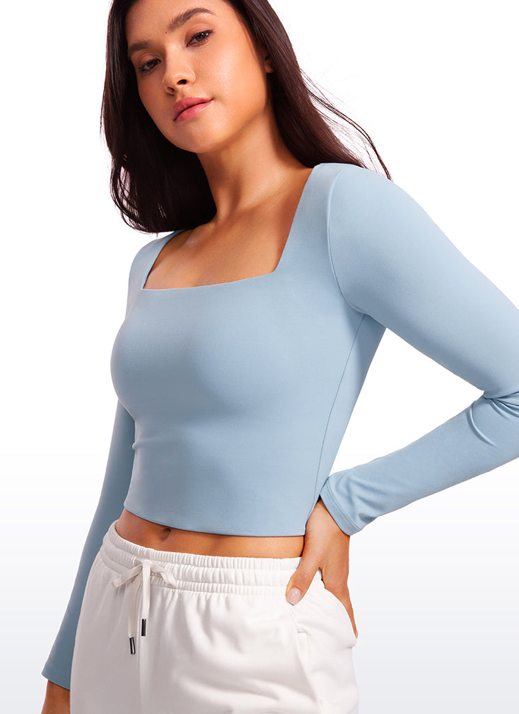 CRZ YOGA Women's Tight Fit Butterluxe Yoga Crop Long Sleeves Square Neck Cambric Blue