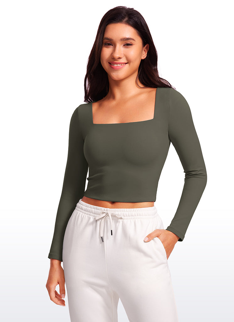 CRZ YOGA Women's Tight Fit Butterluxe Yoga Crop Long Sleeves Square Neck Granita Pink