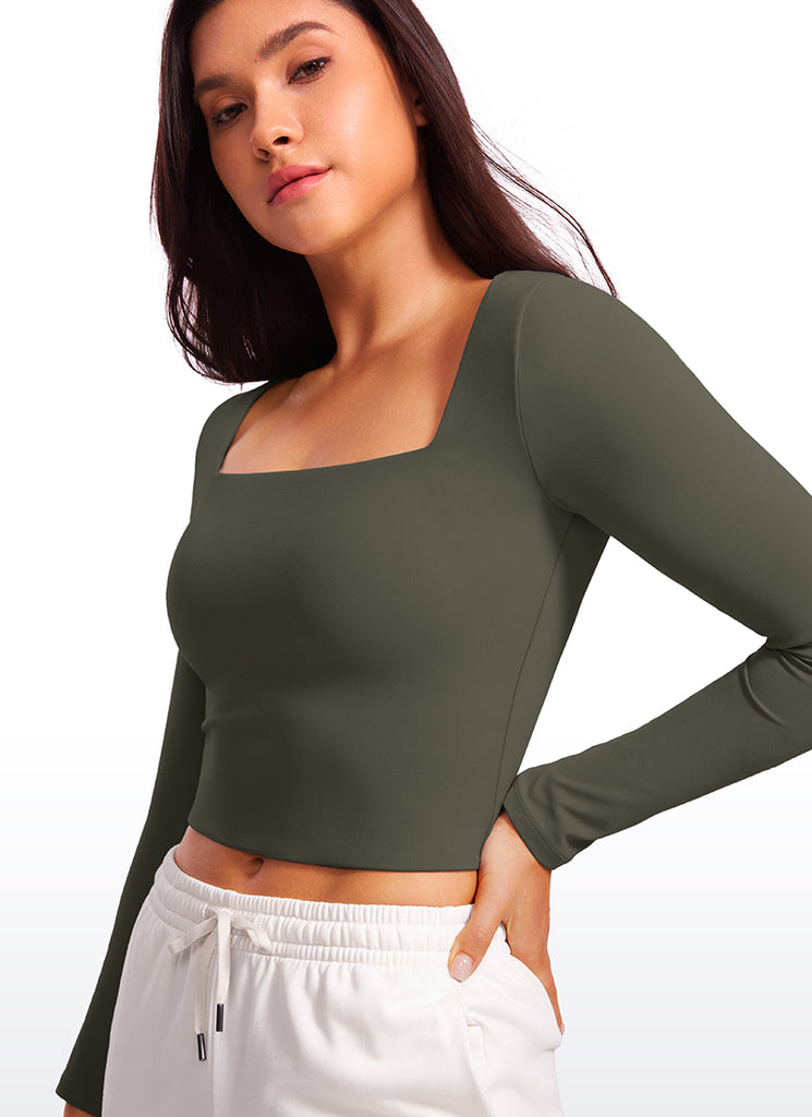 CRZ YOGA Women's Tight Fit Butterluxe Yoga Crop Long Sleeves Square Neck Gull Gray