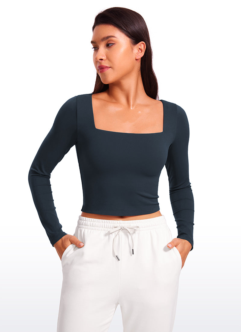 CRZ YOGA Women's Tight Fit Butterluxe Yoga Crop Long Sleeves Square Neck True Navy
