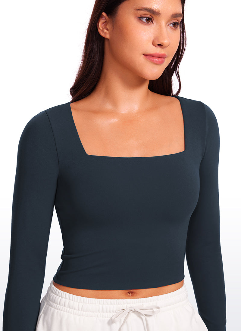 CRZ YOGA Women's Tight Fit Butterluxe Yoga Crop Long Sleeves Square Neck True Navy