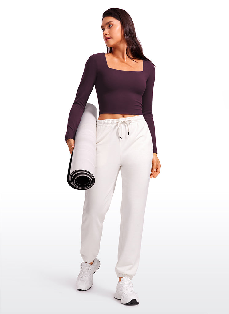 CRZ YOGA Women's Tight Fit Butterluxe Yoga Crop Long Sleeves Square Neck Black