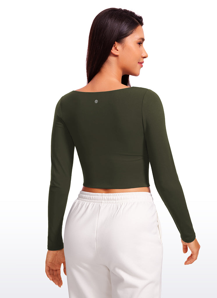 CRZ YOGA Women's Tight Fit Butterluxe Yoga Crop Long Sleeves Square Neck Black
