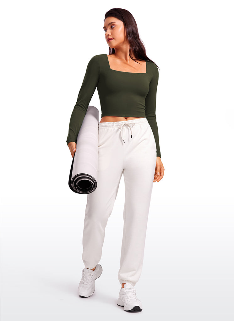 CRZ YOGA Women's Tight Fit Butterluxe Yoga Crop Long Sleeves Square Neck Deep Purple