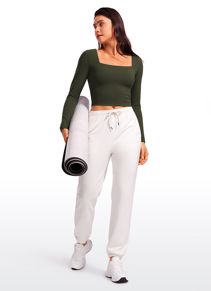 CRZ YOGA Women's Tight Fit Butterluxe Yoga Crop Long Sleeves Square Neck Olive Green