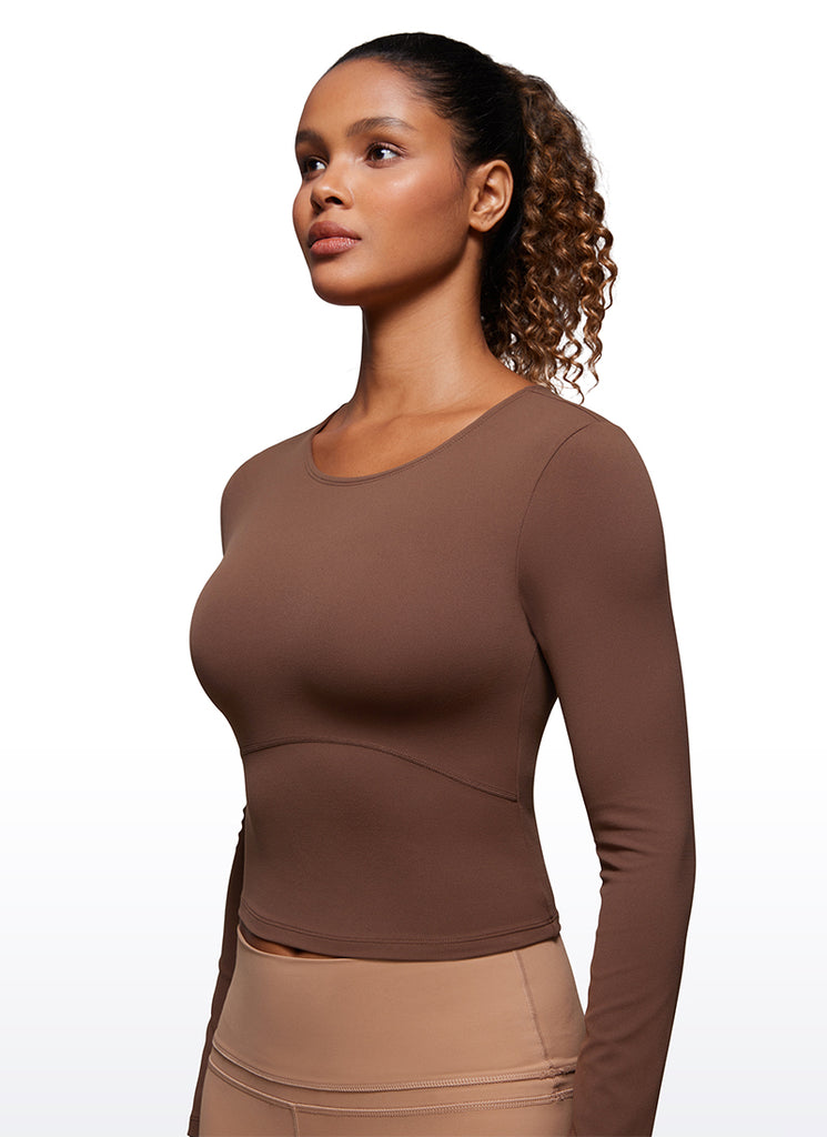 CRZ YOGA Women's Slim Fit Yoga Butterluxe Crop Long Sleeves Front Seam Coffee Brown