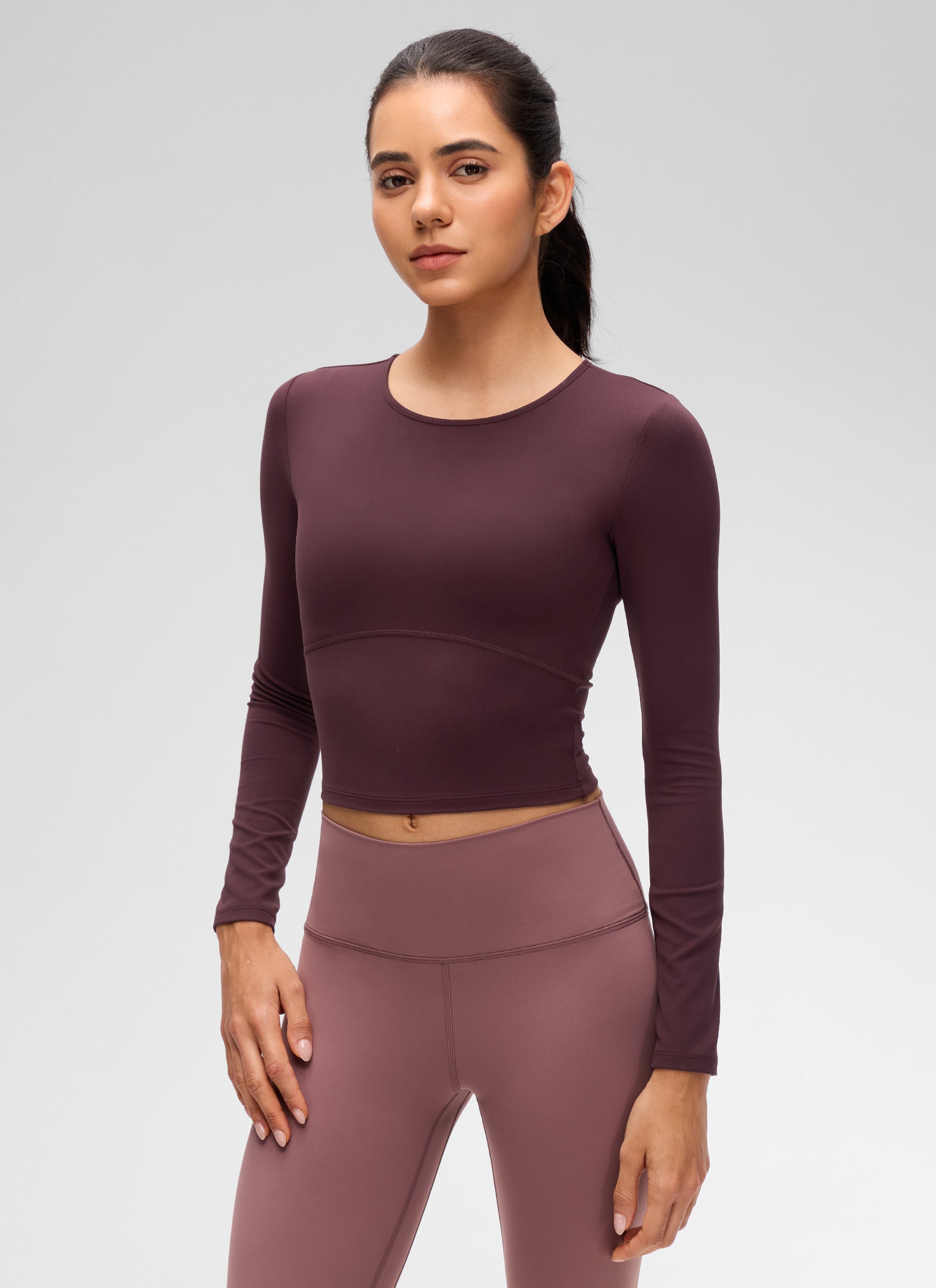 CRZ YOGA Women's Slim Fit Yoga Butterluxe Crop Long Sleeves Front Seam Ripe Plum