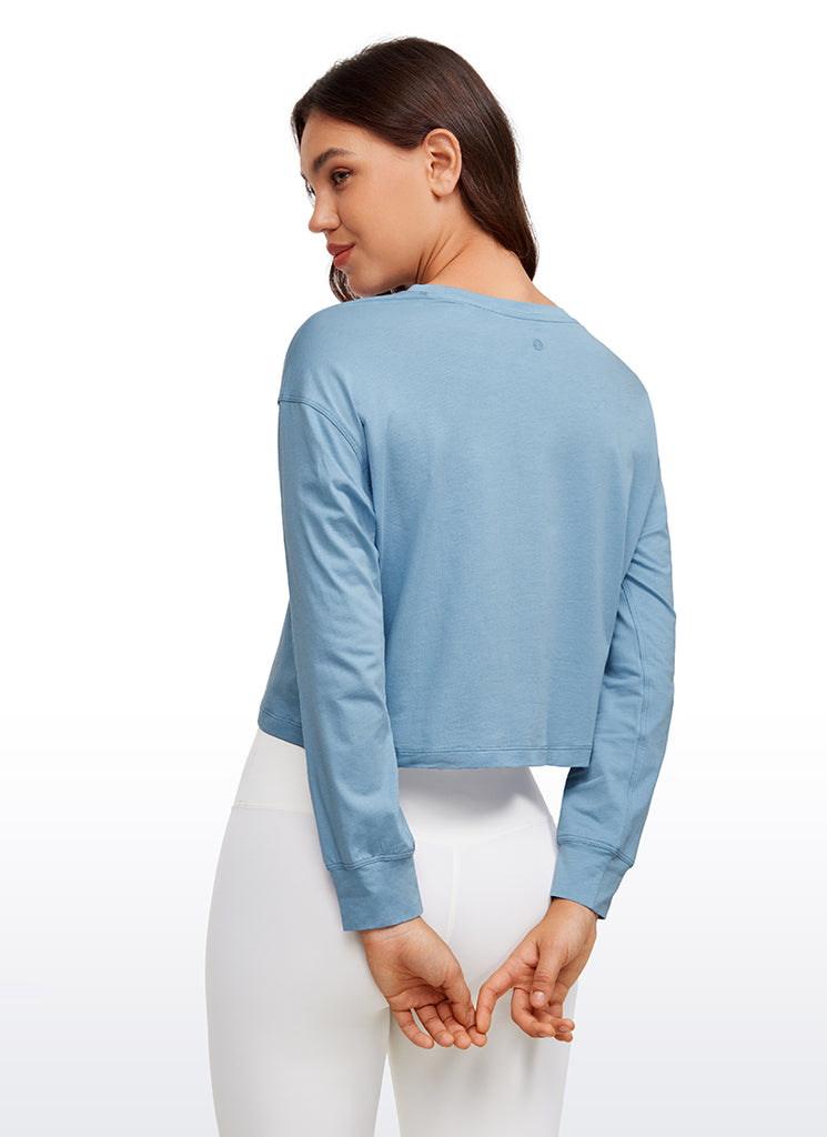CRZ YOGA Women's Yoga Loose Fit Tops Pima Cotton Cropped Long Sleeve Universe Blue