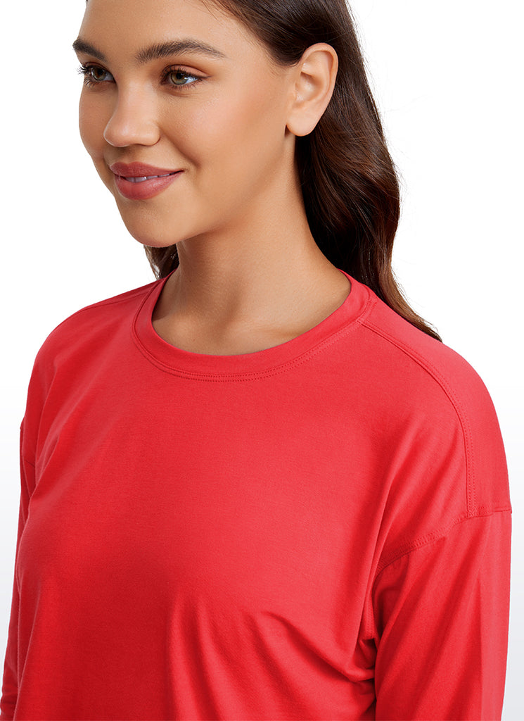 CRZ YOGA Women's Yoga Loose Fit Tops Pima Cotton Cropped Long Sleeve Mocha Mousse